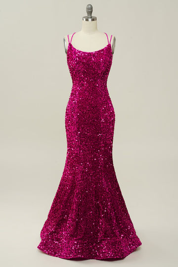 Fucsia  Lentejuelas Tirantes de Espagueti Sirena Vestido de Fiesta